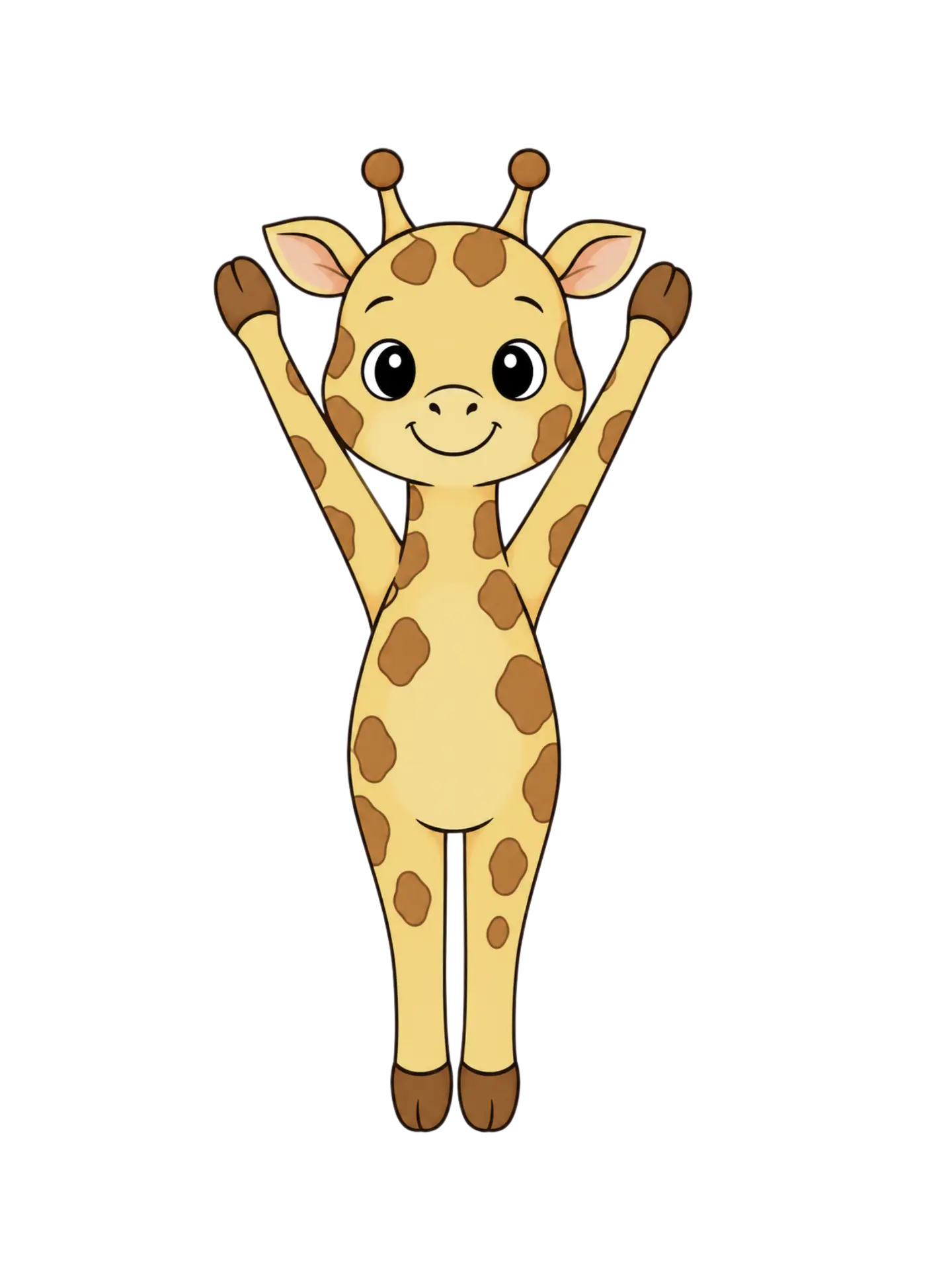 Illustration of a small giraffe reaching both arms high overhead.