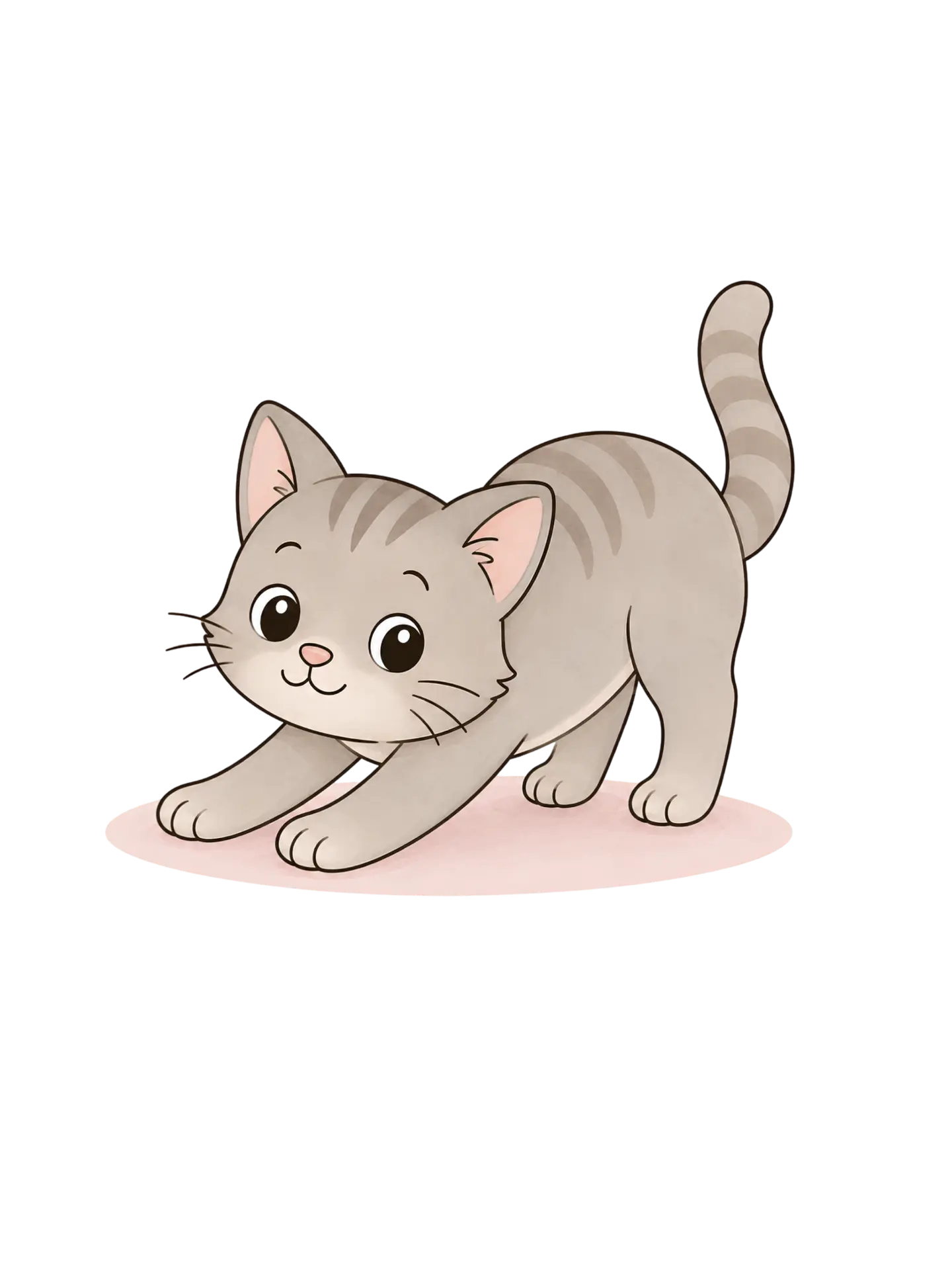 Illustration of a grey tabby cat stretching with its back arched.