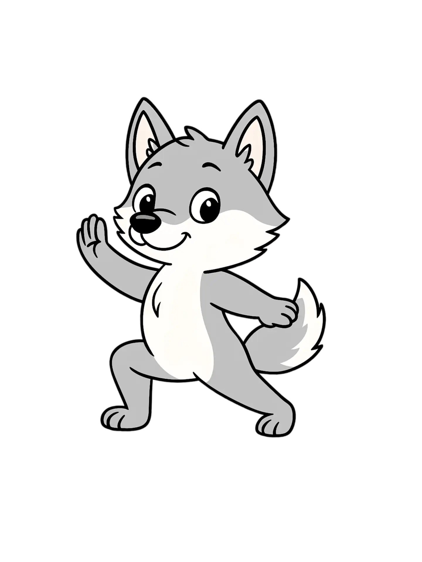 Illustration of a grey wolf standing tall with one paw raised.