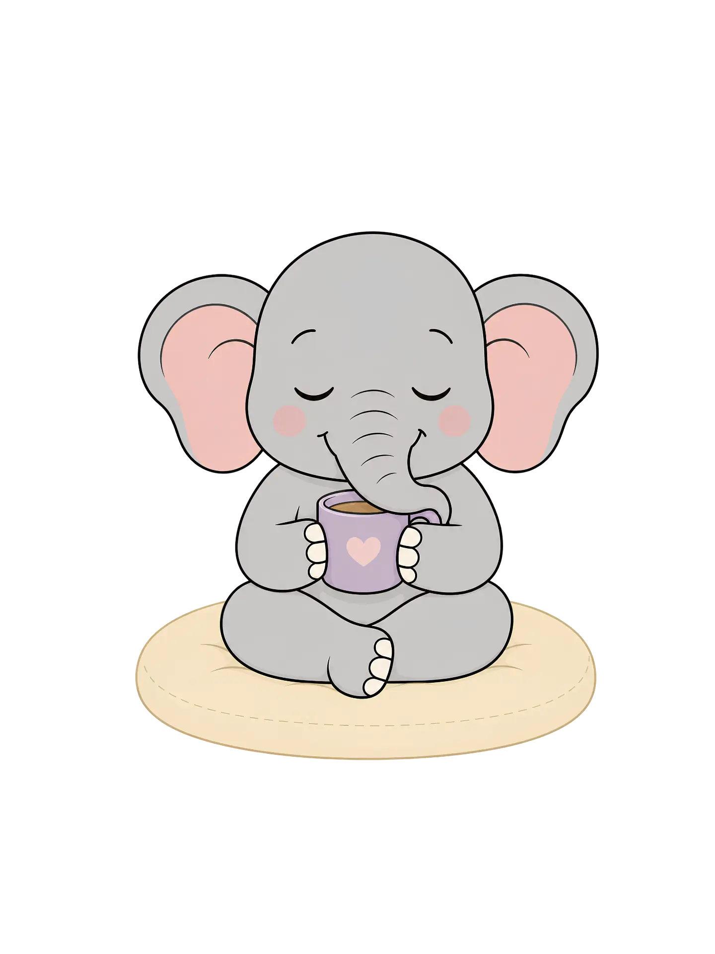 Illustration of a calm elephant sitting on a soft yellow cushion, holding a lavender mug