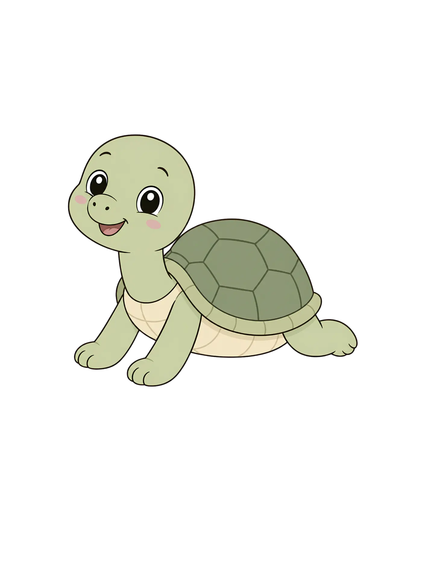 Illustration of a smiling green turtle peeking out of its shell.