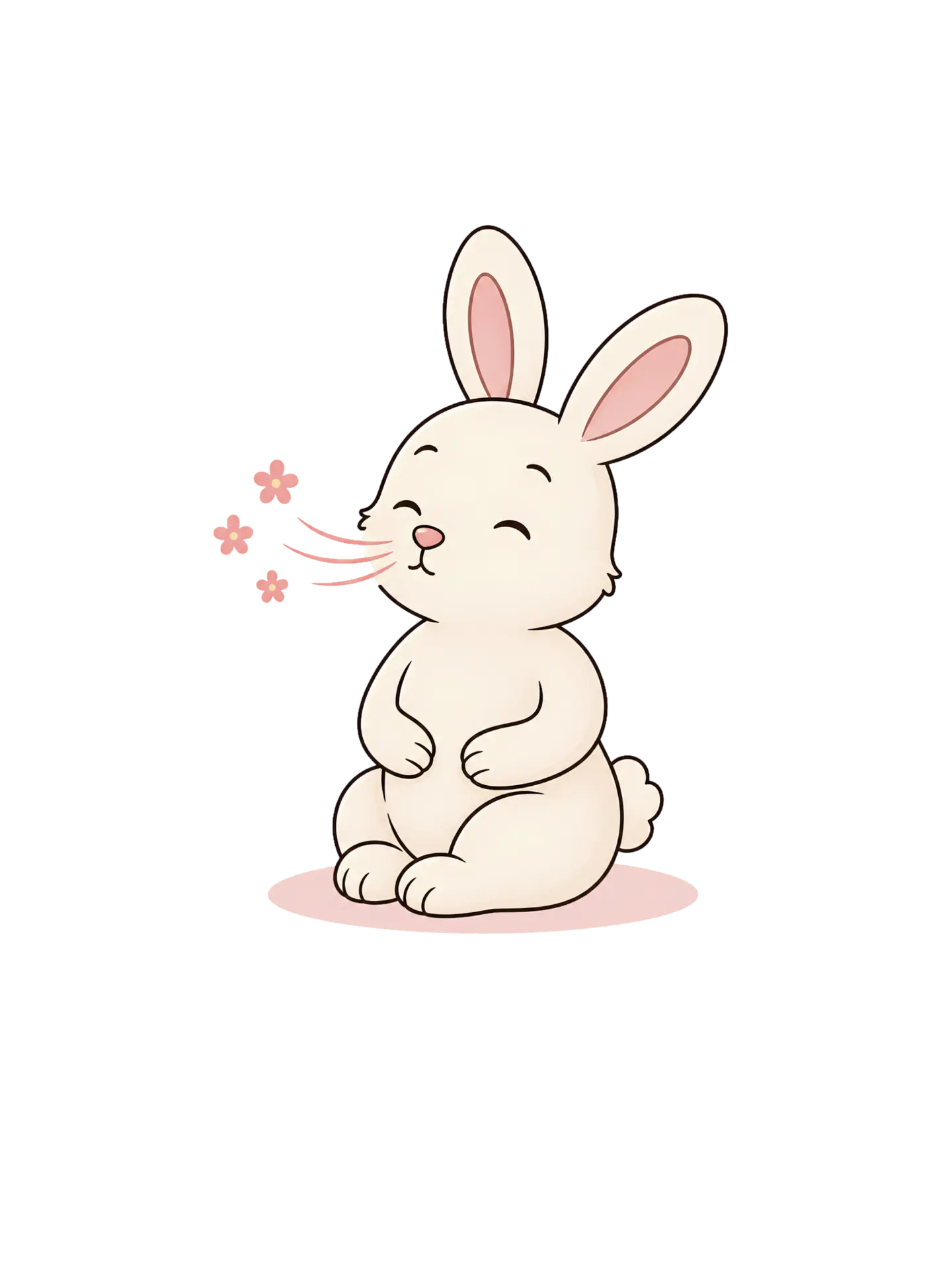 Illustration of a cream bunny sniffing tiny pink flowers.